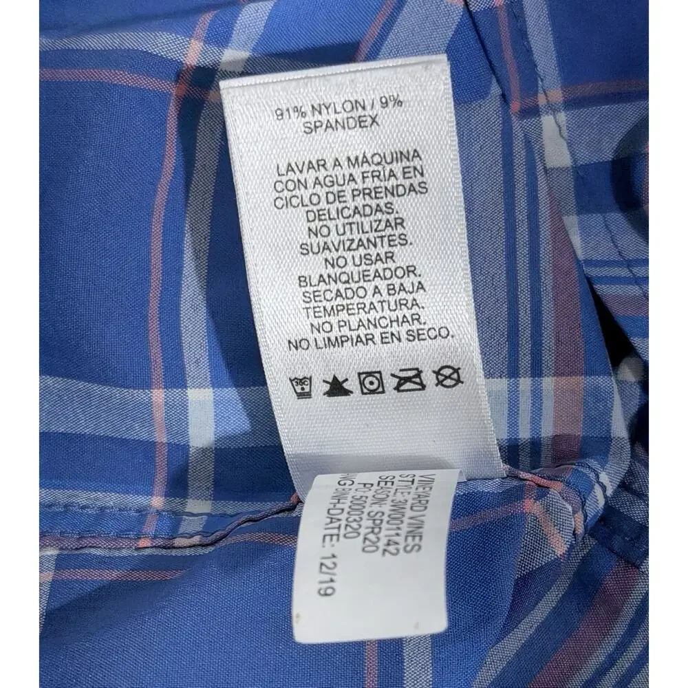 Vineyard Vines Performance Shirt Boys XL 18 Blue White Plaid Long Sleeve Logo